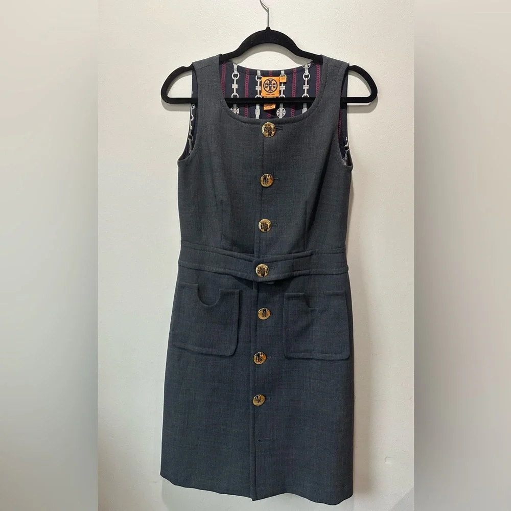 Tory Burch Gray Sleeveless Dress with Gold Buttons